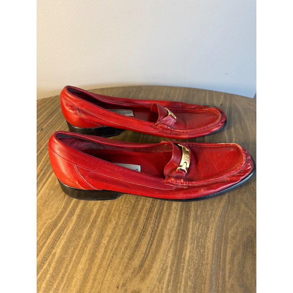 Etienne Aigner Loafers Women 9 Red Leather Gold Hardware Flats Brazil